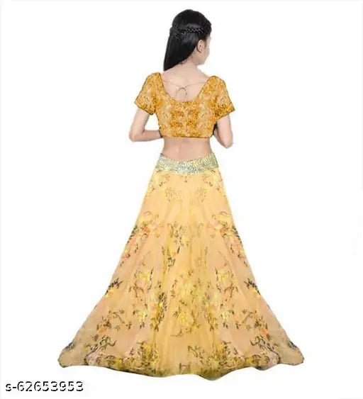 Kids printed pink lehenga choli set, net dupatta and short sleeves top with floral embroidery. Indian kids' traditional party wear