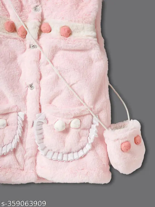 Baby Girls Winter-Pink Hooded Dress, wool, short sleeves, solid print pattern, 3-6M, India