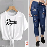 Printed cotton T-shirt with denim jogger jeans combo, trendy and stylish for women (Pack2)