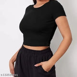 Black cotton blend crop top for women and girls, solid pattern, short sleeves, manufactured by RIVAEM Fashion and Accessories Private Limited