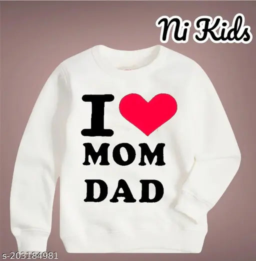 White cotton blend boys sweatshirt with "I Love Mom Dad" print, perfect for fashionable kids' wear