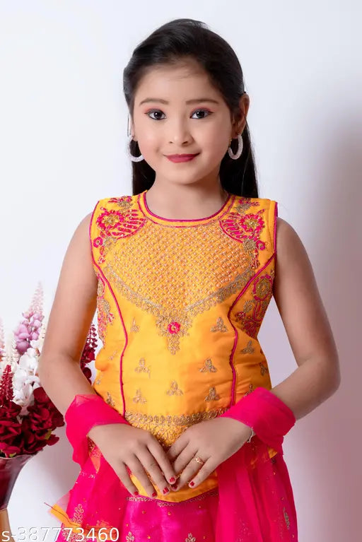 kids girls satin lehenga choli with super net dupatta, embroidered details, vibrant colors, festive wear, Indian traditional fashion