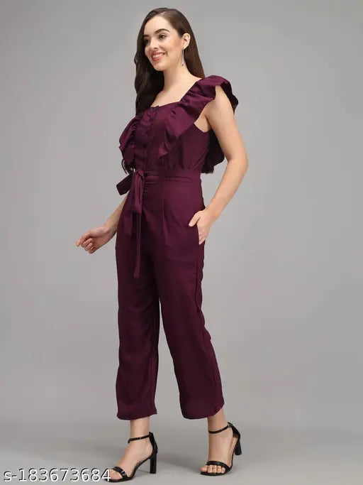 Women's solid crepe jumpsuit, short-sleeved, solid pattern. Made in India (Size S - Bust 34in, Length 49in, Waist 26in; Size M - Bust 36in, Length 49in, Waist 28in; Size L - Bust 38in, Length 49in, Waist 30in; Size XL - Bust 40in, Length 49in, Waist 32in)