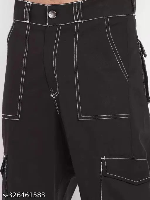 Solid denim baggy cargo jeans for men, high rise, skinny fit, trending casual style. Quality Indian-made fabric, mid-waist, sizes 26, 28, 30