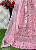 Art Silk embroidered net semi-stitched Lehenga, unstitched blouse with dupatta by Gopinath Handwork. Pink color, three-quarter sleeves, free size (waist 42 in, length 42 in, dupatta 2.5 in). Indian ethnic wear for women