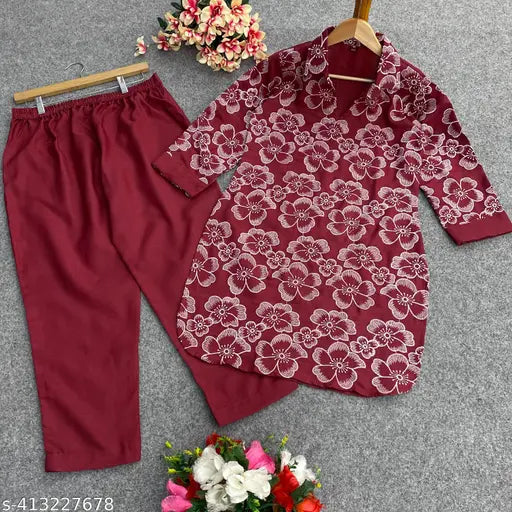 Attractive cotton kurta set with trending embroidery work, three-quarter sleeves, includes 1 kurta and 1 palazzo. New cut design for women's wear, suitable for traditional, office, party, or daily occasions." (98 characters)