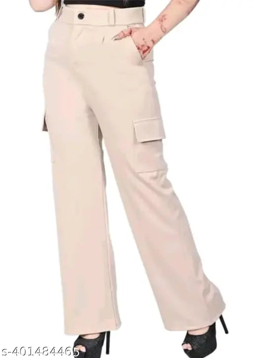 Brown Lycra high-rise cargo pants, 4-pocket design with stretchable fit, for casual and formal wear by Taaj Fashion