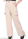 Brown Lycra high-rise cargo pants, 4-pocket design with stretchable fit, for casual and formal wear by Taaj Fashion