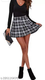 Printed cotton checkered mini skirt for women and girls, high waist with shorts underneath, above knee length