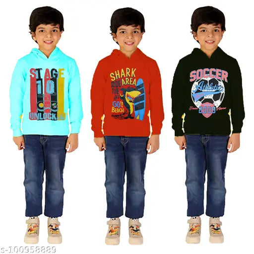 Cotton printed fullsleeve hoodies pack of 3 for kids, vibrant colors and trendy designs, regular fit with poppers for easy dressing