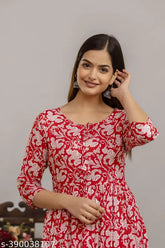 Rayon printed kurti gown for woman, three-quarter sleeve length, Indian ethnic fashion on model