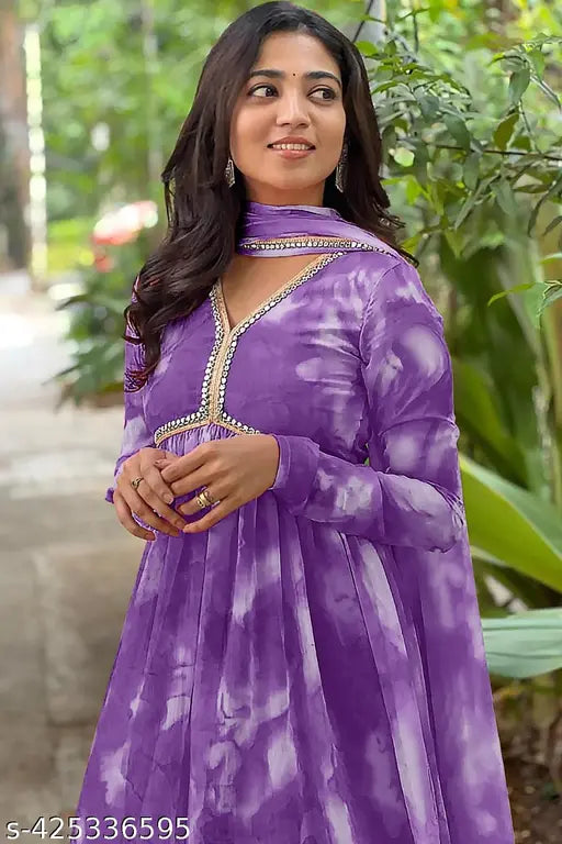 Women's Floral Printed V-Neck Anarkali Georgette Gown with Dupatta - Indian fashion, long sleeve, blue maxi dress, party wear