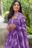 Women's Floral Printed V-Neck Anarkali Georgette Gown with Dupatta - Indian fashion, long sleeve, blue maxi dress, party wear