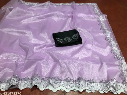Women's and girls soft organza saree with silver beads and Katdana gumming lace border, embroidered pattern on chiffon blouse. Lightweight lavender silk saree for party wear