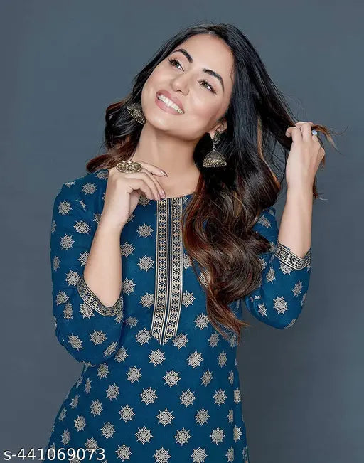 Rayon three-quarter sleeve printed kurti, trendy fashionable women's top with single sizes available
