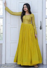 Stylish ethnic Georgette sequin gown with long sleeves, embroidered net & Zari work, S-XL sizes for festive wear, made in India