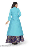 Silk top with heavy banglory fabric and jacquard skirt, solid pattern, three-quarter sleeves, for girls aged 5-15 years
