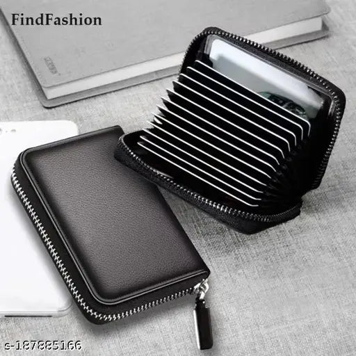 Genuine leather 11-slot card & cash holder for men & women, solid design with five compartments, free size (8cm x 10cm), made in India