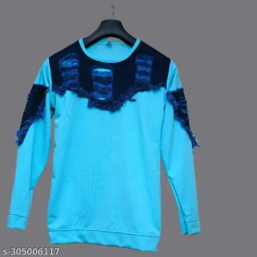 Sky Blue cotton blend long sleeve jeans T-shirt, durable and washable for men's fashion, casual and trendy party wear