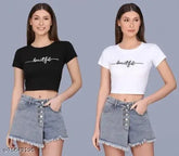 Cotton blend printed crop T-shirt for women (pack of 2), short sleeves, sizes S-XL