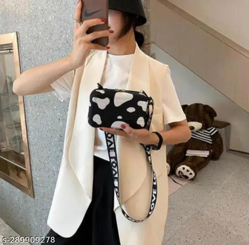 Synthetic cow print mini suitcase bag with detachable belt, free size (7x4x2in), navy blue color for women's cross-body or shoulder carry