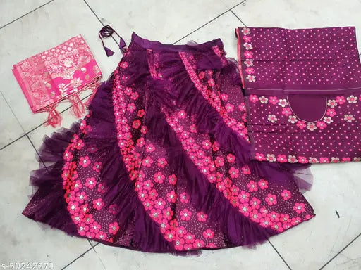 Art Silk embroidered Kashvi Fabulous Lehenga set (39in waist, 41in length), with net dupatta (2.2m length) and choli (0.80m length). Indian designer collection for parties and festive seasons