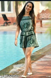 green rayon sleeveless printed net jumpsuit, size M, fashionable women's clothing on hanger