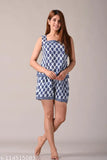 Blue printed cotton top & shorts set by Kannahi Women's Votton - ideal for sleepwear, loungewear or nightwear with elastic waist and drawstring, two side pockets. Made from 100% super cotton fabric