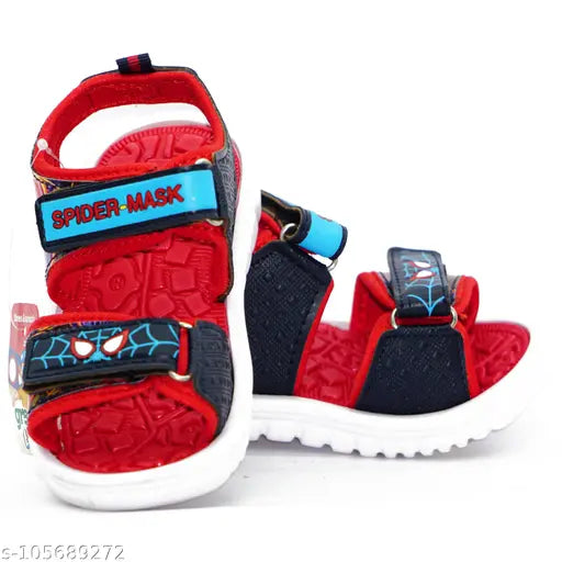 Red and navy blue patent leather Spiderman sandals for kids summer wear, featuring green printed net design. Ideal for boys aged 5-6 years