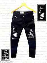 Men's black heart beat printed denim jeans, high-end quality with funky style. Washable print, sizes available: 28", 30", 32". Made in India