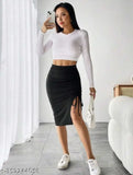 Black cotton blend pencil skirt for women, high waist, knee length, skinny fit with split thigh and drawstring detail