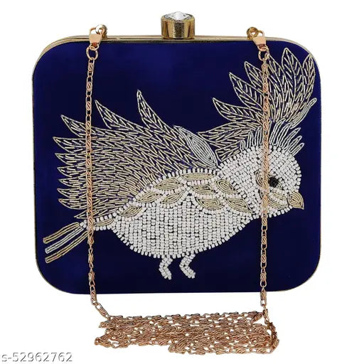 Blue velvet embroidered clutch, handcrafted with thread work, one compartment, free size (7x4in), made in India