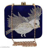 Blue velvet embroidered clutch, handcrafted with thread work, one compartment, free size (7x4in), made in India