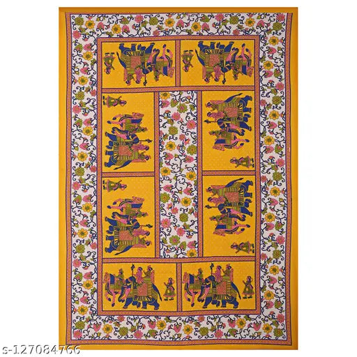 Yellow 100% cotton UniqChoice Jaipuri single bedsheet with 1 pillow cover, floral design and thread count 120, ideal for adults, Indian-made bed linen