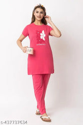 Trendy printed cotton nightsuit for women and girls, round neck design, multiple sizes available in pink, mint green, navy, grey, and dark grey