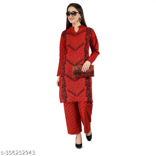 Women's Floral Print Woolen Kurta & Palazzo Ensemble - Winter-ready, vibrant floral design on warm wool fabric, perfect for festive and casual wear
