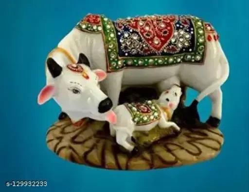 Marble Cow and Calf Statue Poly Resin Animal Figurines, Decorative Kamadhenu Gaay Maata Showpiece for Home