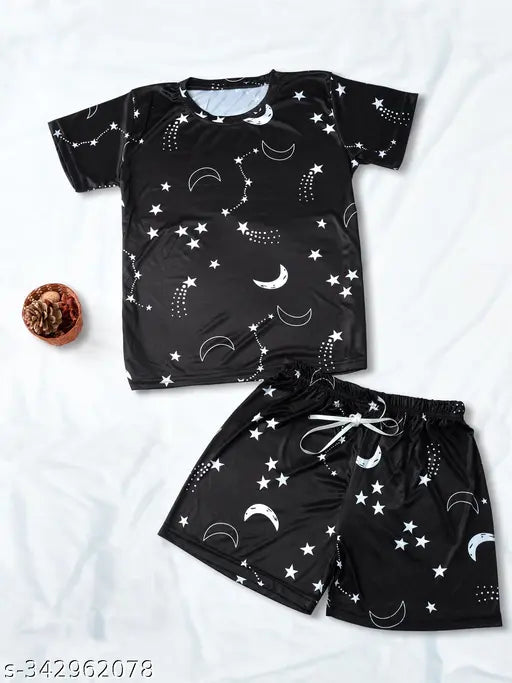 Soft silk night suit set (t-shirt, pajama, shorts) with printed net pattern, wearable as per preference, includes drawstring elastic waistband for comfort, made in India