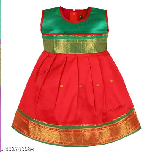 Vibrant red & green Chanderi silk frock dress for baby girls, intricately embroidered, India origin