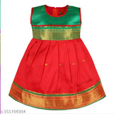 Vibrant red & green Chanderi silk frock dress for baby girls, intricately embroidered, India origin