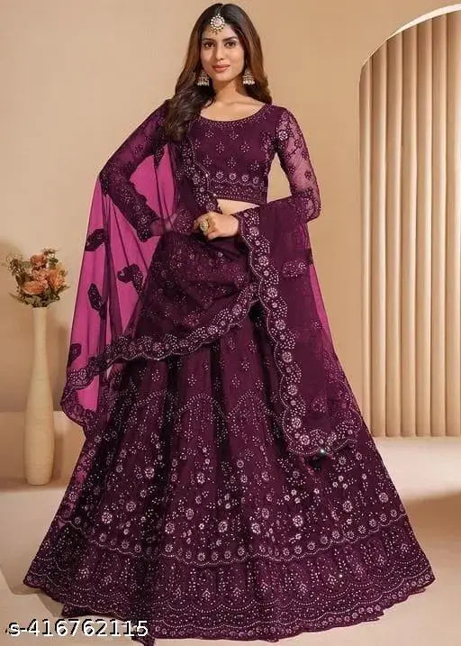 Embroidered net lehenga choli set with botanical patterns, free size, ideal for women's partywear or bridal events, Indian origin