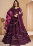 Embroidered net lehenga choli set with botanical patterns, free size, ideal for women's partywear or bridal events, Indian origin