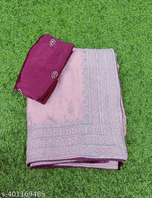 Pink chiffon embroidered ZHALAK PINK005 saree with separate blouse piece, free size, made in India