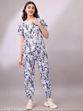Grey printed cotton blend night suit set for women's combo, short-sleeved top and pants