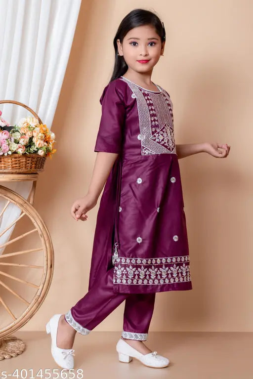 Modern Rayon embroidered top & bottom sets for girls aged 2-9 years, comfy fashionable outfit on hanger, India origin