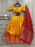 Unstitched Haldi Wear Art Silk Lehenga Voni in Lichi Silk Choli & Banarasi Silk Dupatta, Indian ethnic motif design, embellished, 3m length
