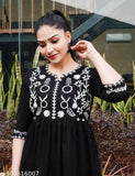 Black rayon fit-and-flare kurti with embroidered pattern, three-quarter sleeves. Women's size L (bust 40in), XXL, XXXL. Indian design