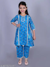 Blue cotton floral print Anarkali/flared kurta & pant set for girls, featuring gota patti work and three-quarter sleeves. Perfect for festive occasions, available in various sizes from 18 months to 9-10 years, originating from India