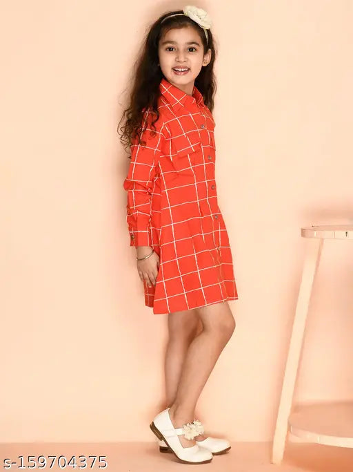 Orange checkered rayon fit-and-flare shirt dress for kids, perfect for playful style
