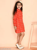 Orange checkered rayon fit-and-flare shirt dress for kids, perfect for playful style